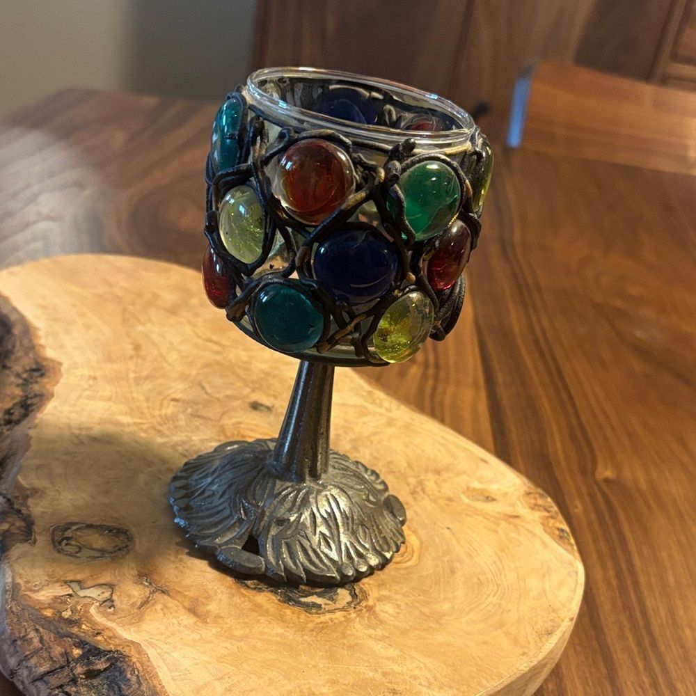 Vintage Marble & Ornate Jeweled Art Glass Votive Brass Foot Candleholder